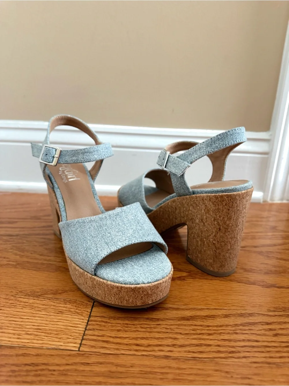 Women's Light Blue Denim Platform Sandals with Cork Block Heel